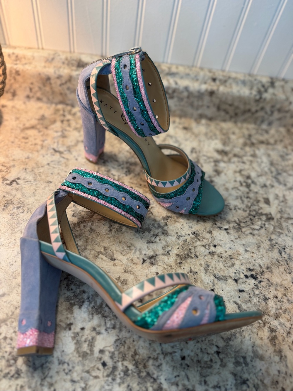 Katy Perry Collections Kai Teal, Lavender & Pink Chunky Heel Sandals Mermaid - Picture 4 of 10
